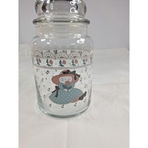 Victoriana Canister Cookie Jar 7" H Glass CHD Kitty Rose Lace 1988 Blue Pink
